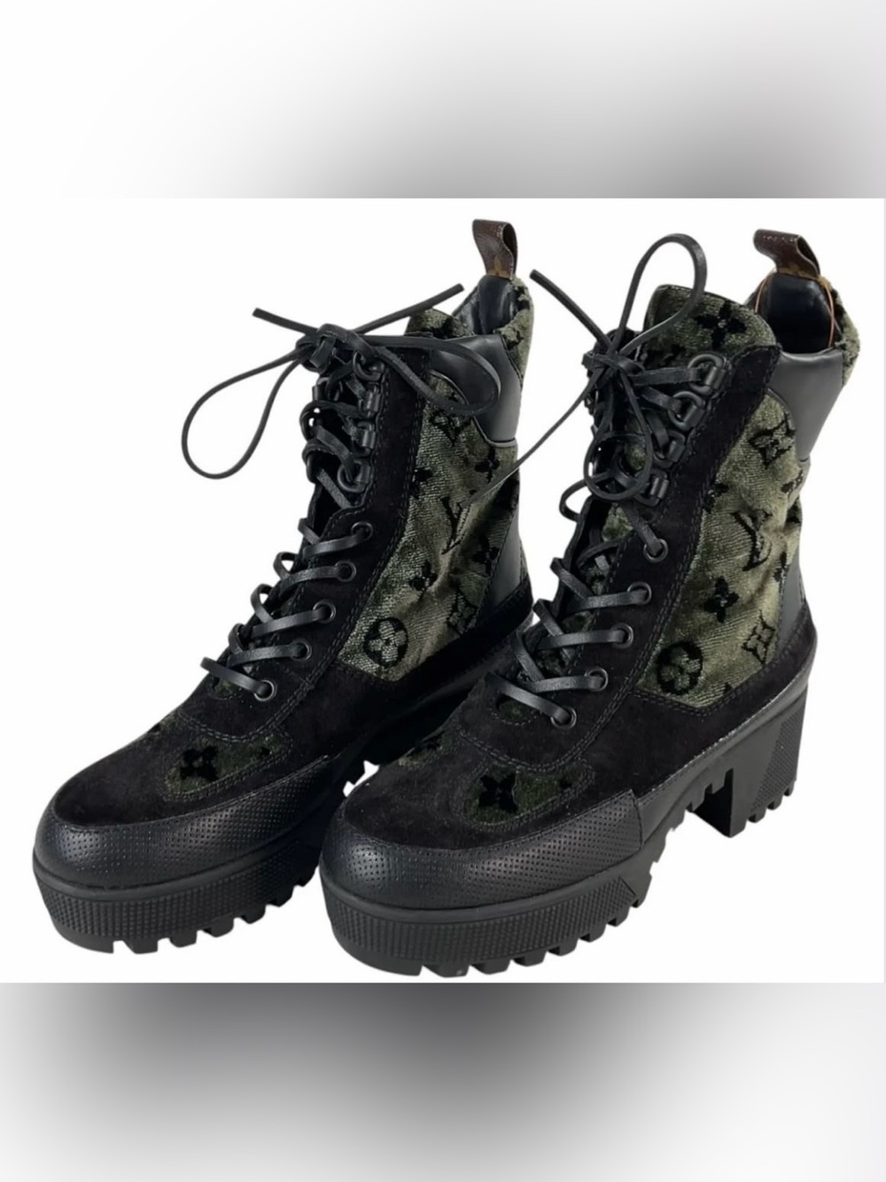 Women's Louis Vuitton Green Velvet Lace-Up Combat Boots